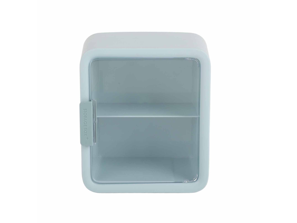 Vitrina de dos niveles para muñecas con puerta transparente azul, estante para casa de muñecas
