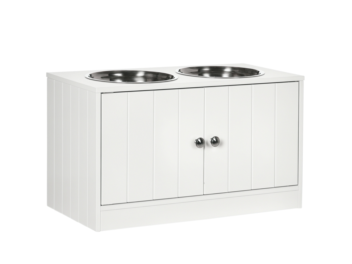 Comedero Para Perros, 2 Cuencos De Acero Inoxidable, Compartimento Con Armario De 44 L De Capacidad, Puertas Magnéticas, Blanco, 60 X 30 X 35,5 Cm