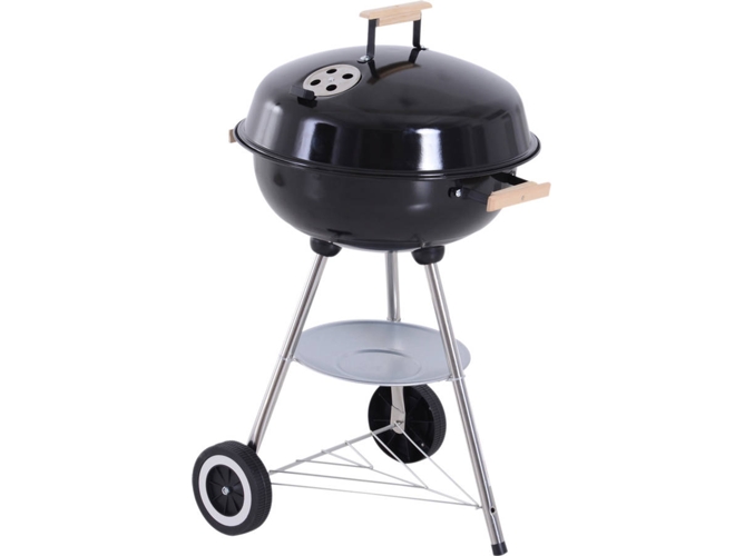 Outsunny Barbacoa Circular de 846033 vegetal con ruedas parilla bbq tapa y esmaltados mangos madera 48x56x85cm exterior picnic acampada 48x56x85 negro