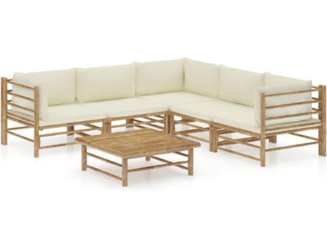 Conjunto 6 de muebles de jardín VIDAXL bambú y cojines blanco crema