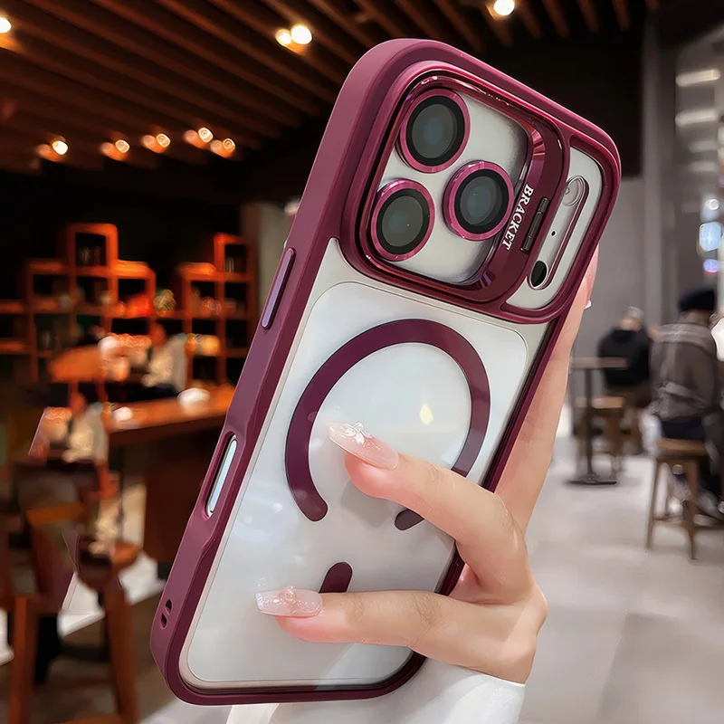 (iphone 17 Pro Max, Color Burdeos) Funda Magnética Transparente Para Teléfono, Soporte De Acrílico, Lente De Cristal.
