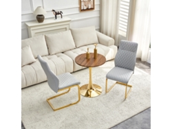 Conjunto De Mesa De Madera De Nogal (60 Cm) Con Patas Doradas Y 2 Sillas Gris Claro Con Detalles De Diamantes Dorados.