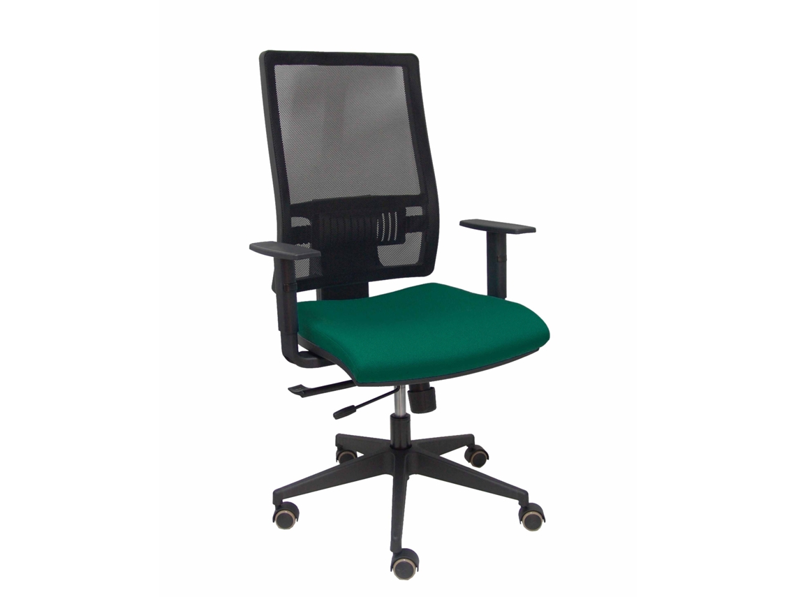 Silla de oficina Horna con mecanismo Synchro/Traslack, tapizada en tela verde botella y malla negra.