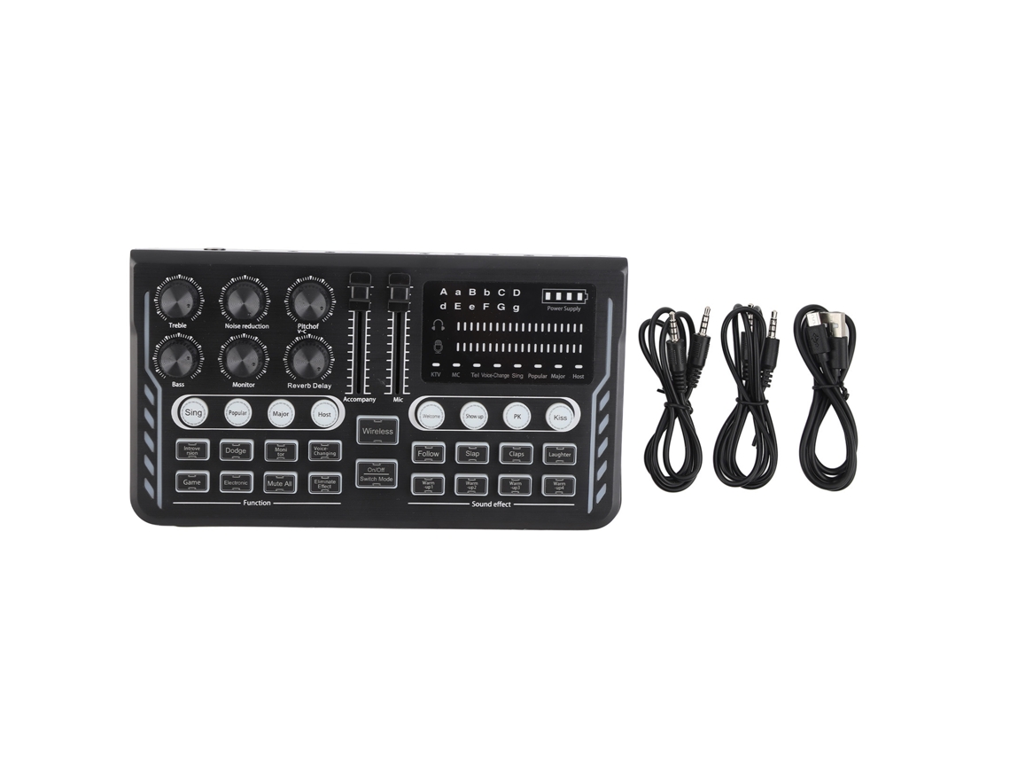 Mezclador de audio profesional con tarjeta de sonido en directo y modificador de voz para streaming.