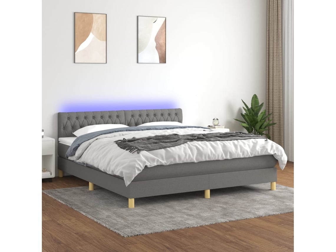 Cama Box Spring Con Colchón Y Led Tela Gris Oscuro 160x200 Cm