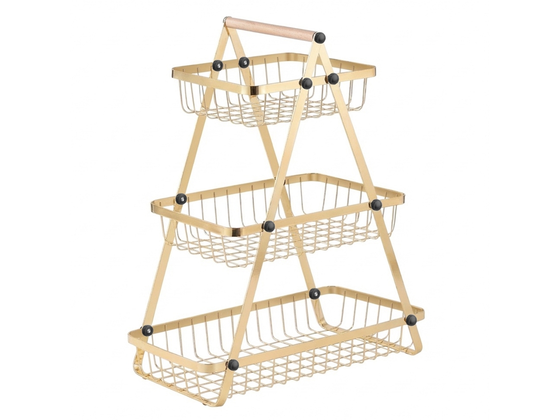 Cesta Para Frutas Y Verduras 3 Niveles De Acero Inoxidable Con Mango De Madera