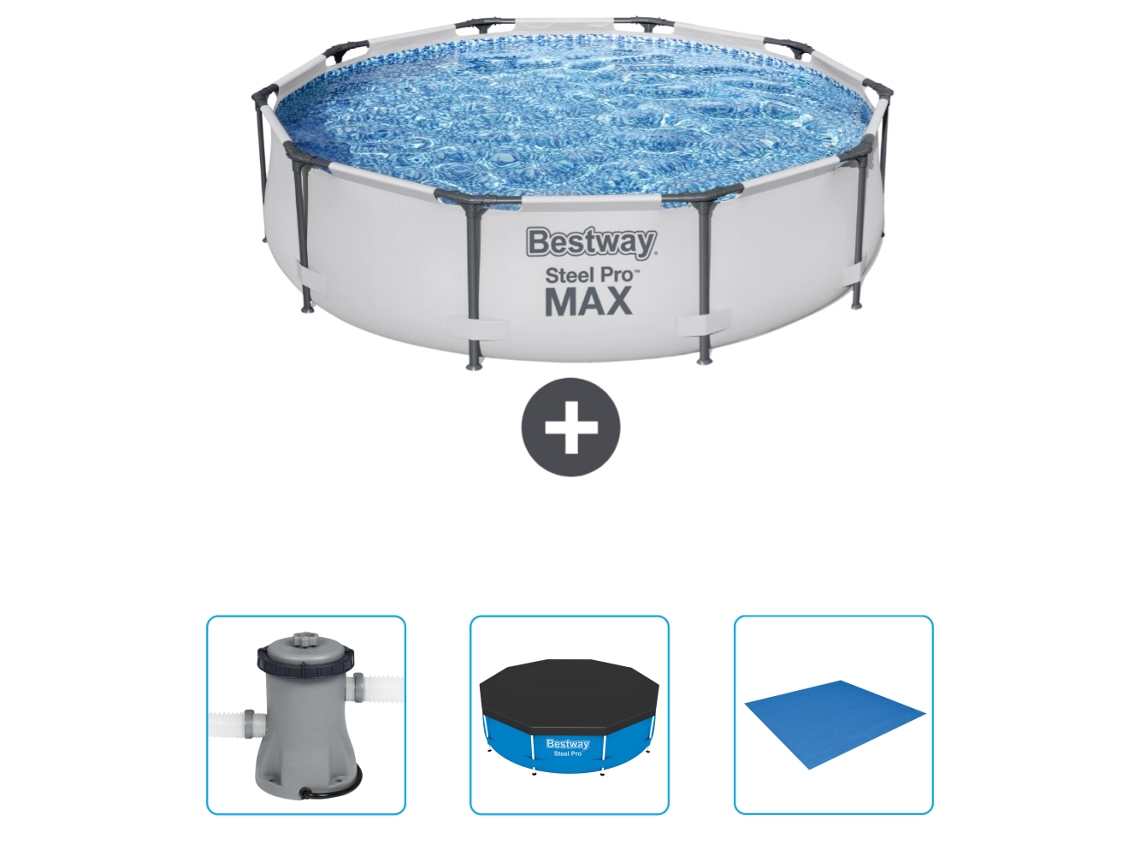 Piscina BESTWAY Round Steel Pro MAX - 305 x 76 cm - Gris - Incluida Bomba - Cubrir - Suelo
