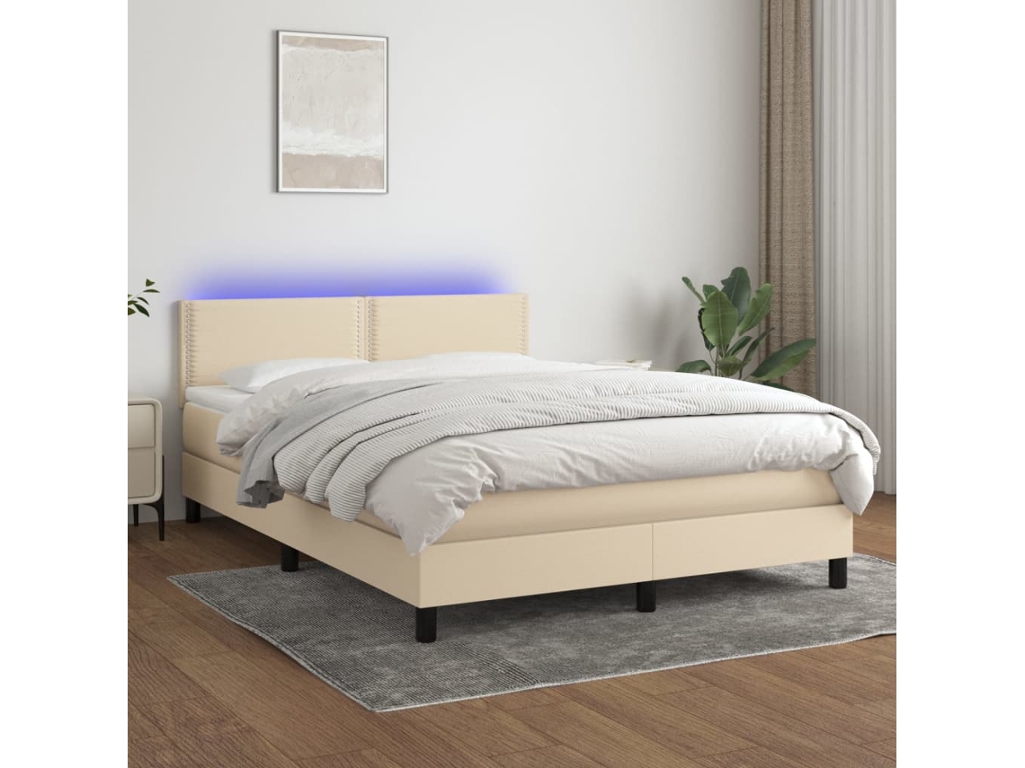 Cama Box Spring Colchón Y Luces Led Tela Crema 140x200 Cm