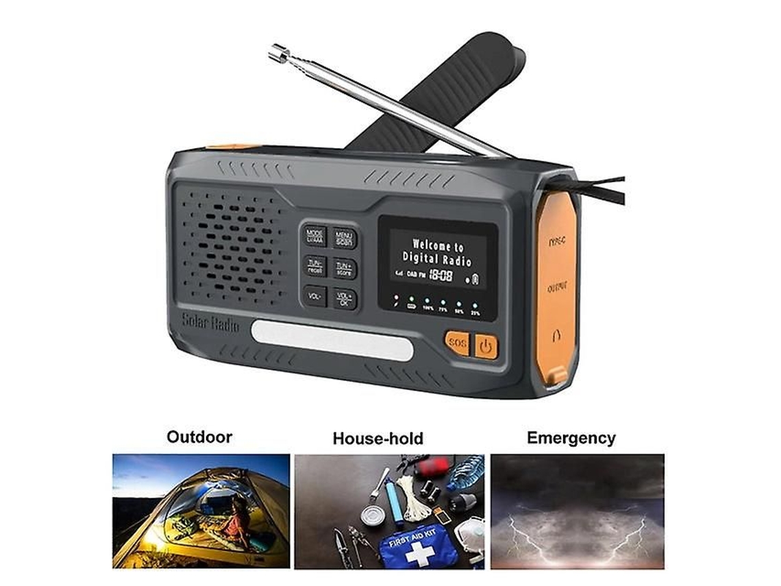 Radio portátil con manivela, Bluetooth, DAB/FM, linterna LED y función SOS.