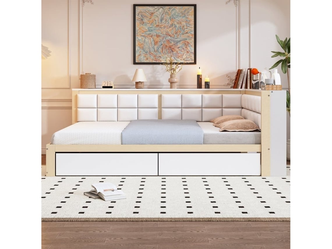 Sofá Cama Madera 140 X 200 Cm - Cama Multifuncional Con Respaldo Acolchado Y Gran Cajón De Almacenamiento - Pino Color Madera