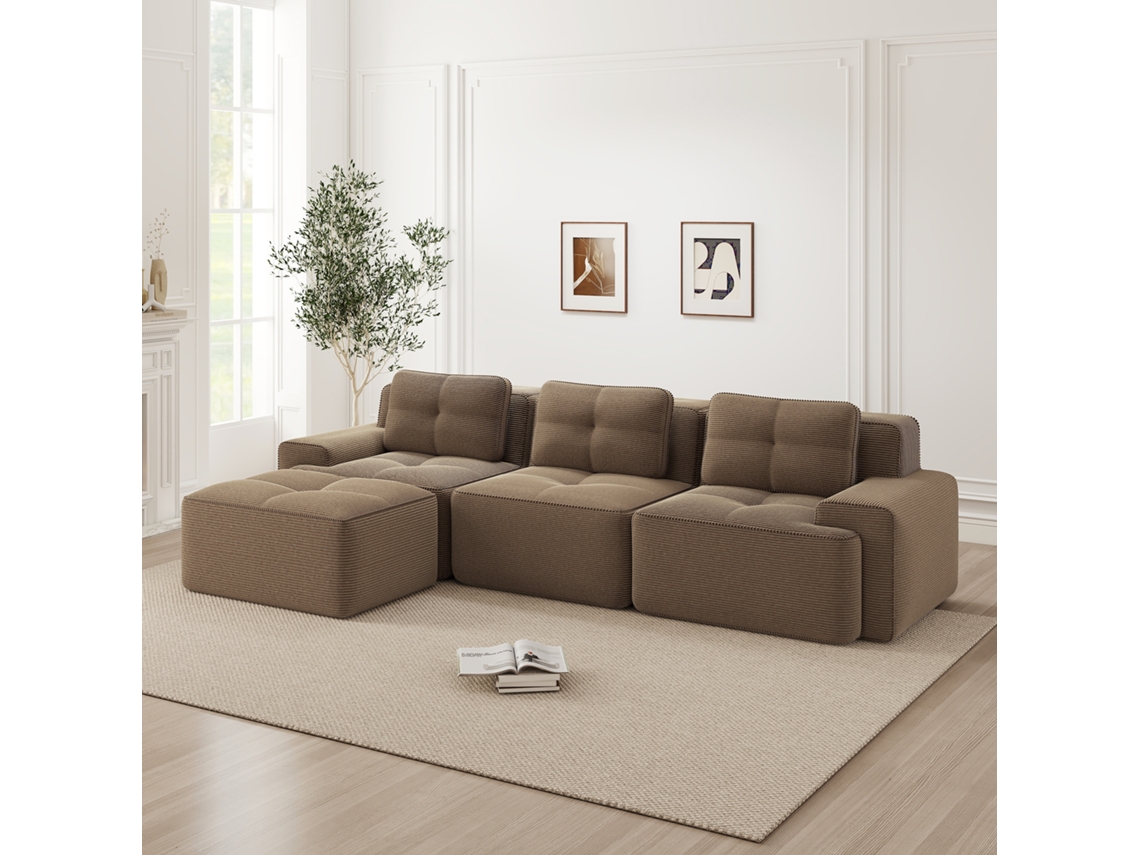 Sofá Modular L 3 Plazas - Corduroy, Chaise Longue, Montaje Sin Herramientas - Marrón