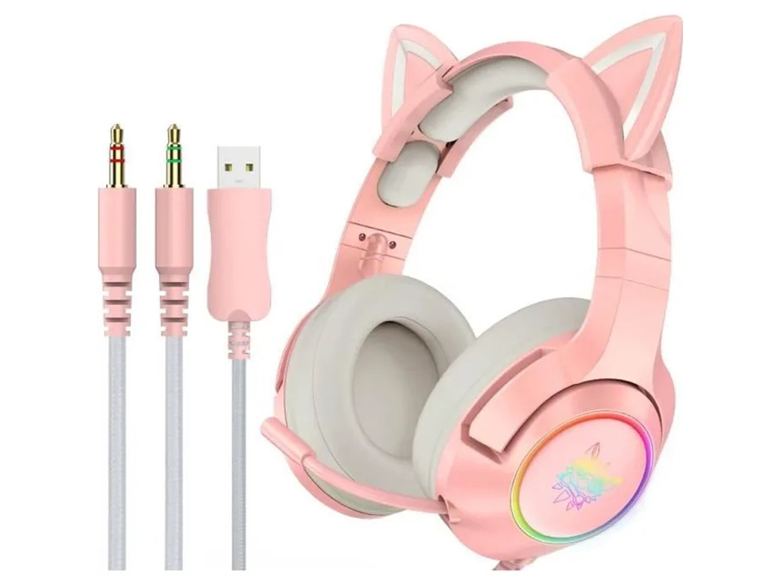 Auriculares K9 Cat rosas de 3,5 mm con iluminación RGB, ideales para juegos. Incluyen soporte para auriculares y cable adaptador.
