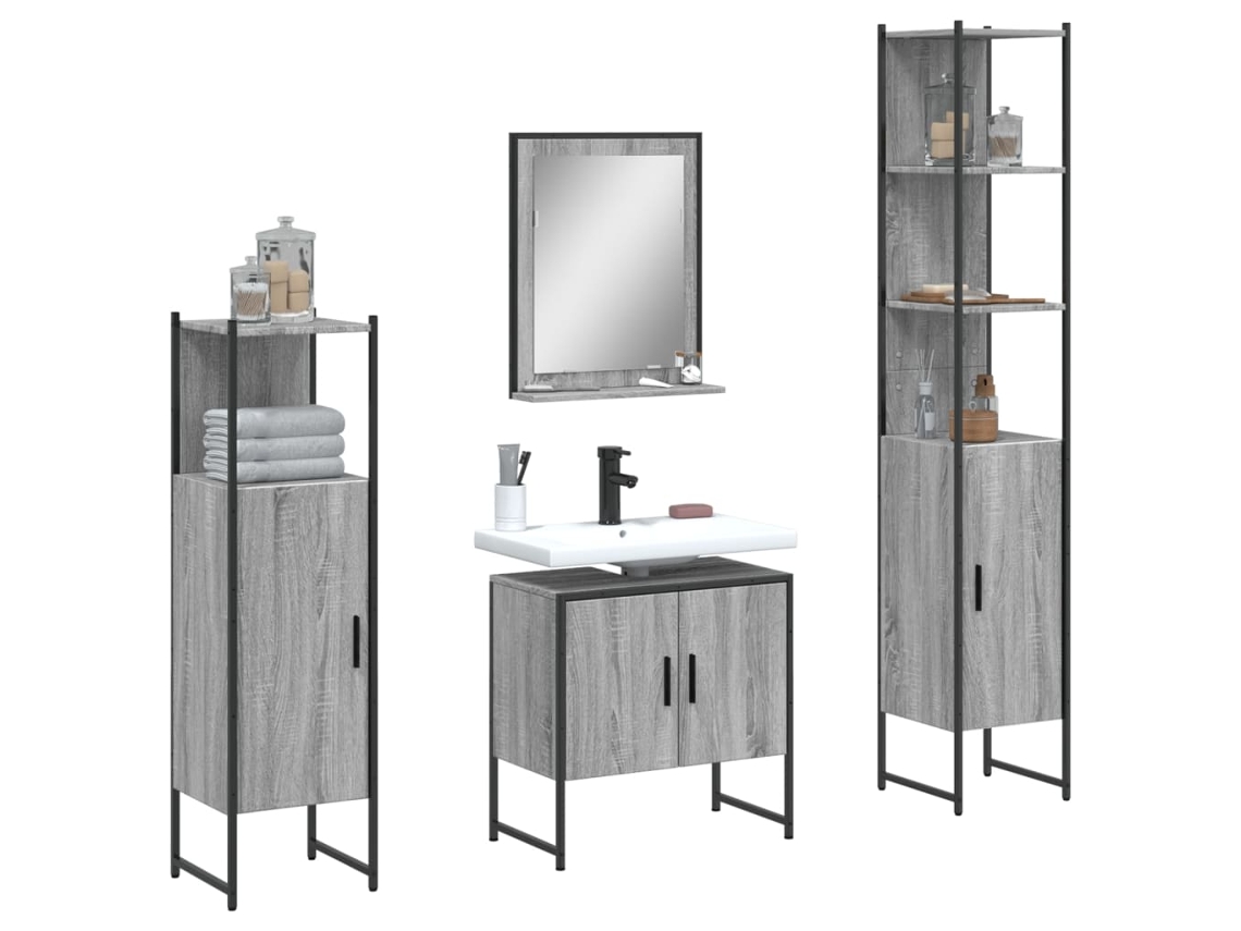 Set De Armario De Baño 4 Uds Madera Contrachapada Gris Sonoma