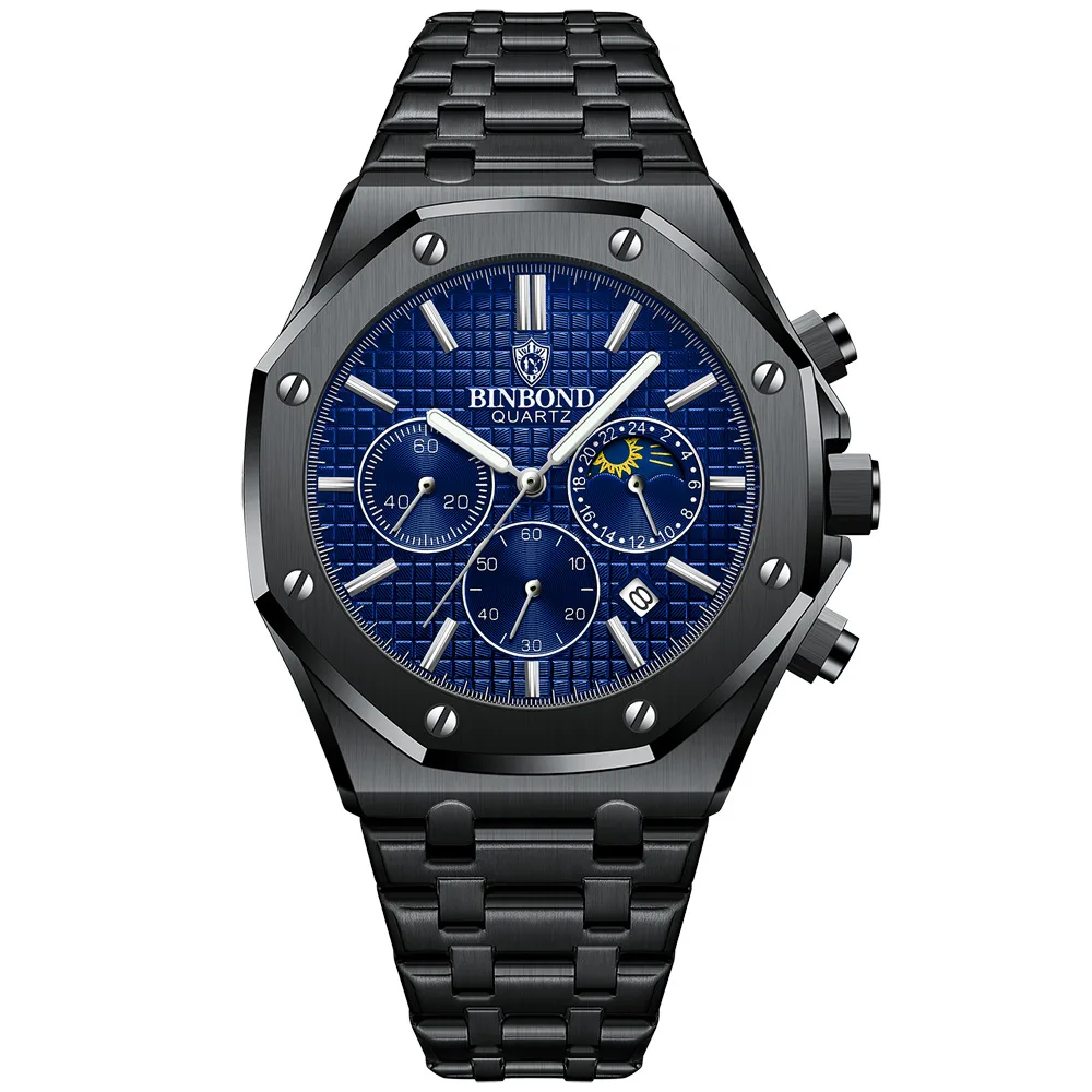 Reloj De Cuarzo Para Hombre (negro, Esfera Azul), Cronógrafo Luminoso, Caja De Acero Inoxidable Resistente Al Agua, Con Fecha Y Calendario.