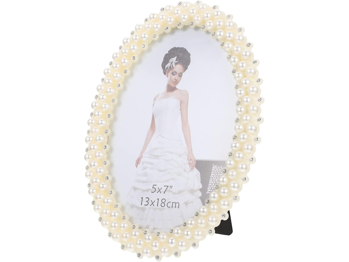 Marco Fotos Ovalado 18x13 Incrustaciones Perlas Blanco Soporte Decorativo Escritorio Elegante Expositor