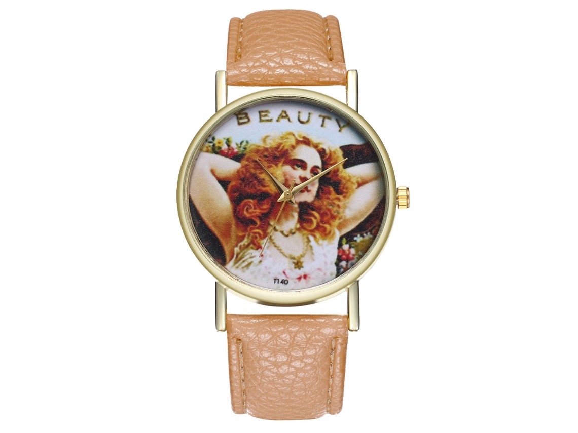 Reloj De Pulsera Unisex Zhoulianfa De Piel Sintética Con Ilustración Decorativa Beige.
