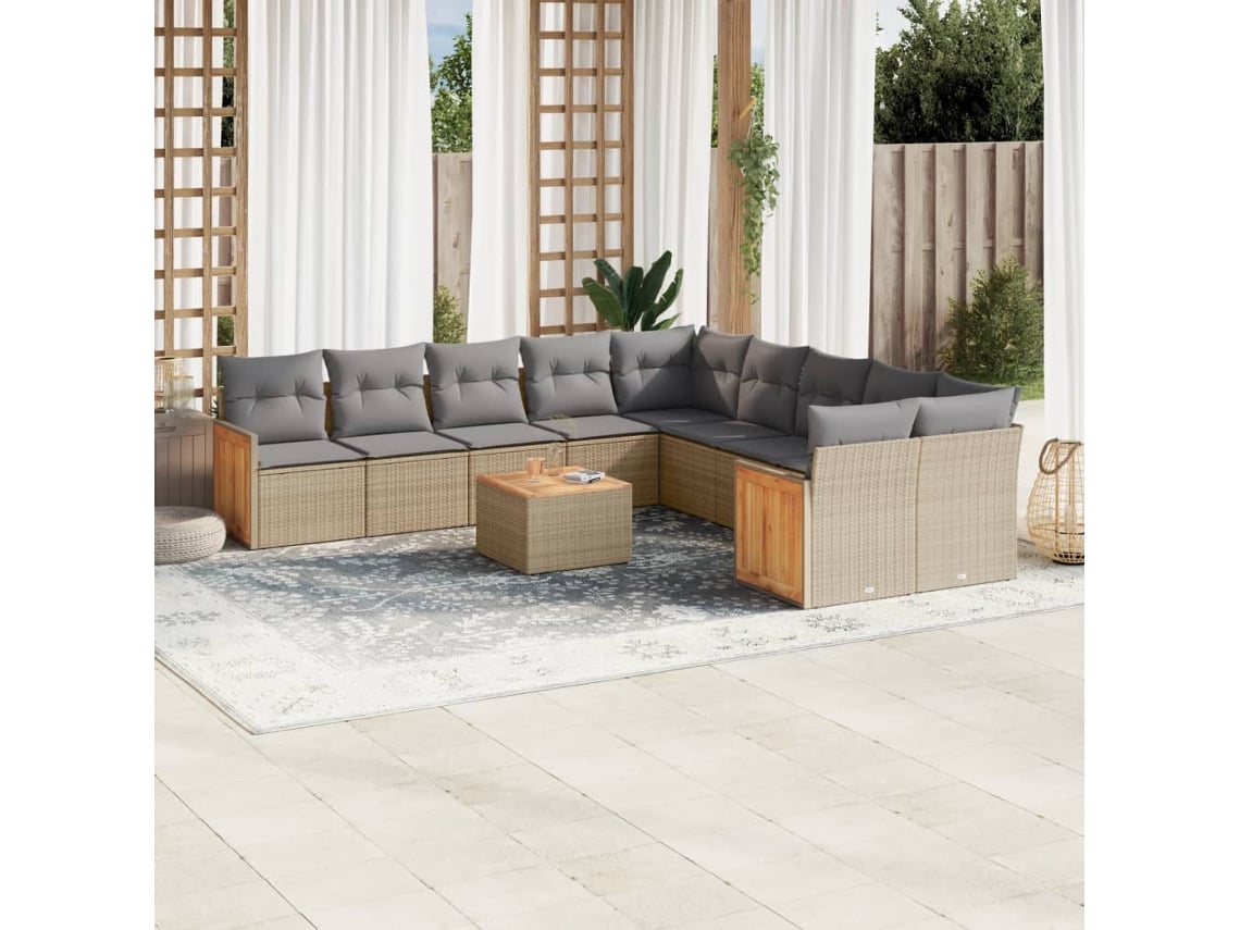 Conjunto de sofá de jardín de 11 piezas con cojines, mimbre sintético beige, DKD Home Decor