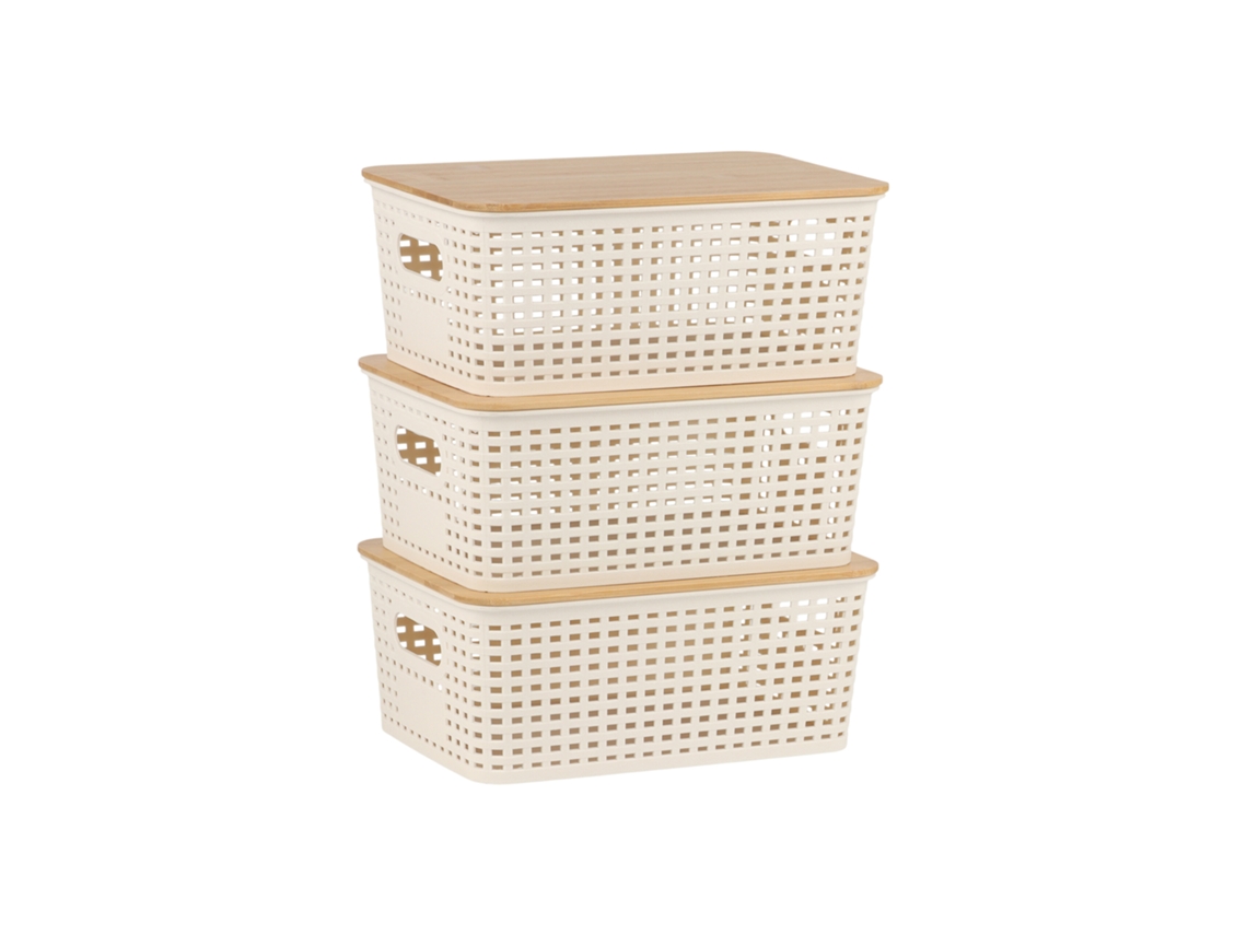 Relaxdays Cajas Almacenamiento, Set 3, Con Tapa, Plástico Y Bambú, Asas, Hbt: 10,5 X 25,5 X 18 Cm, Organizador, Blanco