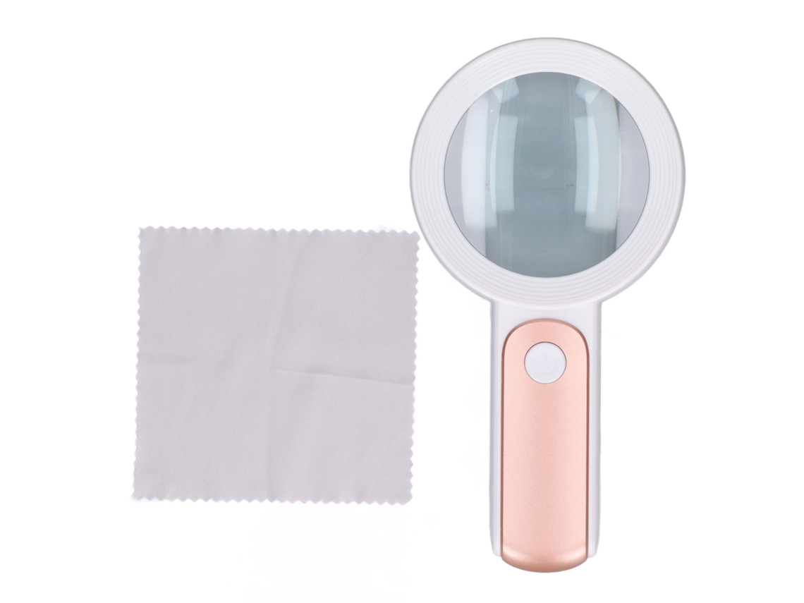 Lupa De Mano Hd Ultraligera De 30 Aumentos Con Lente Óptica Y Luz De Lectura Led, Color Oro Rosa Y Blanco.