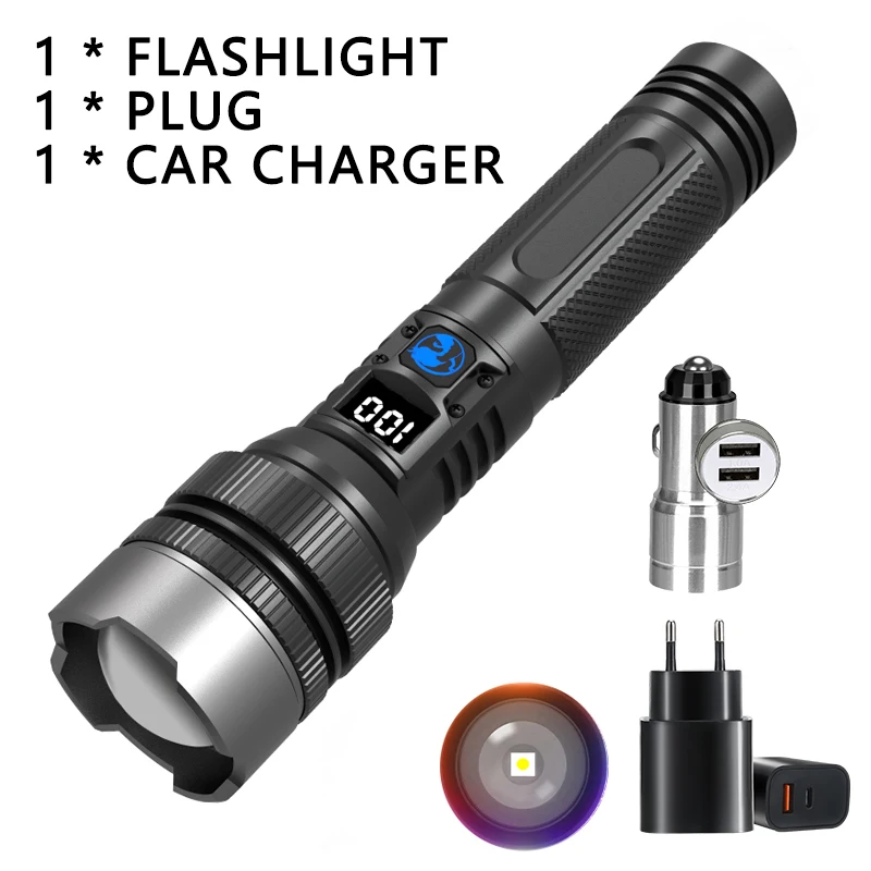 Linterna táctica de 300.000 lm, superpotente, con pantalla y zoom ajustable, recargable por USB para camping, pesca y defensa personal. Aeuzwr