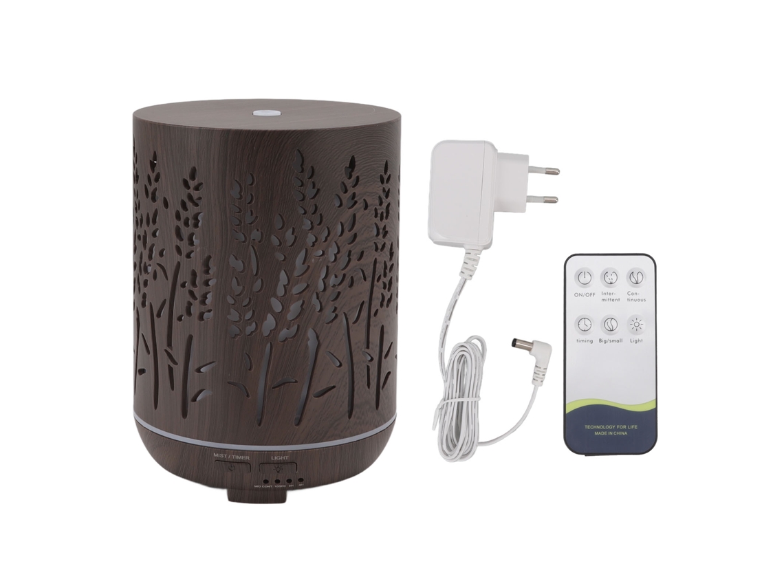 Humidificador De Aire De 300 Ml Con Textura De Madera, Luz Led Aromática, Mando A Distancia, Funcionamiento Ultrasilencioso Y Enchufe Europeo.