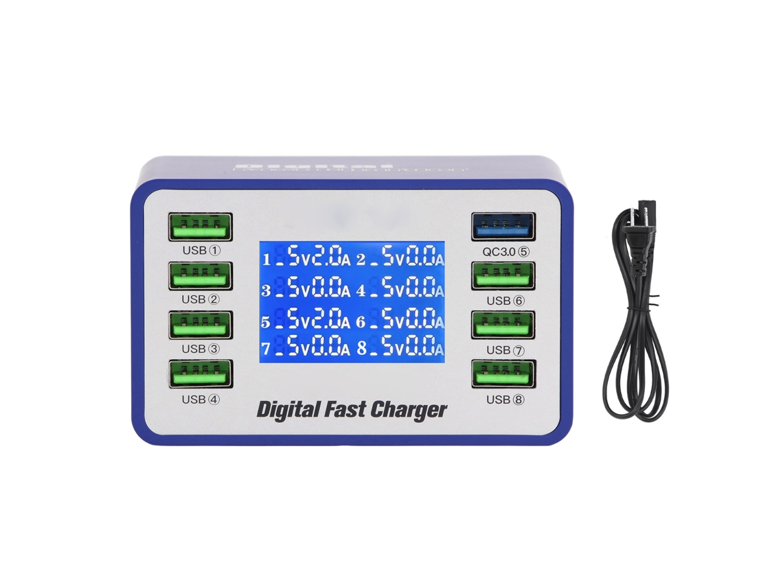 Cargador USB QC3.0 de 8 puertos con pantalla digital, 50 W, chip de potencia PWM y detección automática.