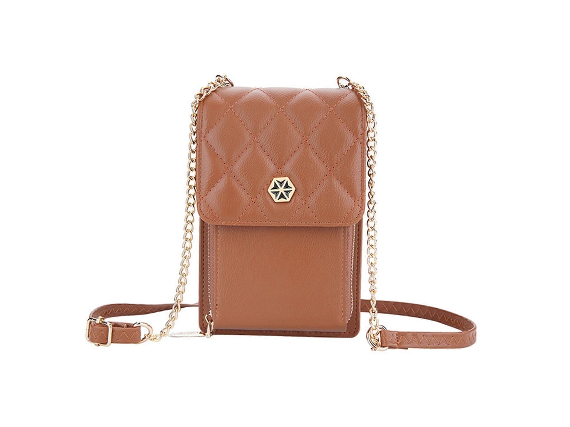 Bolso bandolera pequeño para mujer, ideal para teléfono móvil, tarjetas de crédito y otros artículos. Incluye cadena y monedero. Color marrón.
