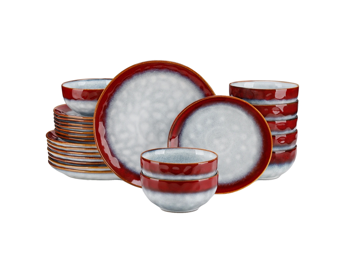 Juego de vajilla de cerámica roja, diseño elegante, apto para microondas.