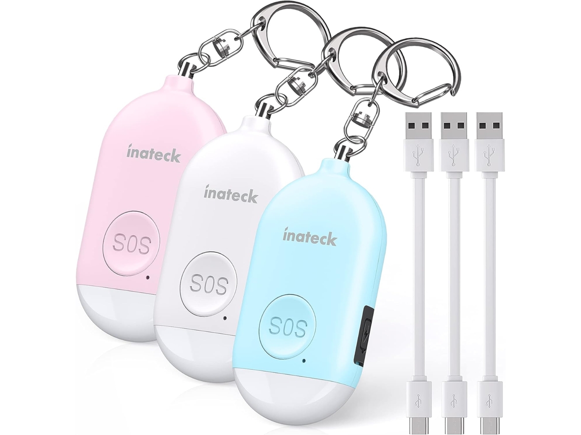 Alarma de bolsillo recargable de 130 dB con luz LED (paquete de 3)