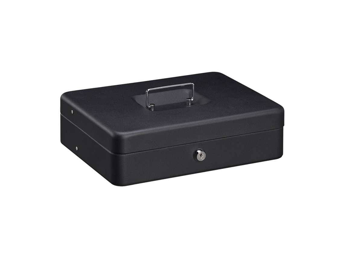 Relaxdays Caja Dinero Con Llave, Bandeja Monedas Y 4 Compartimentos Billetes, Cajita Hierro, 8,5x30,5x24,5 Cm, Negro
