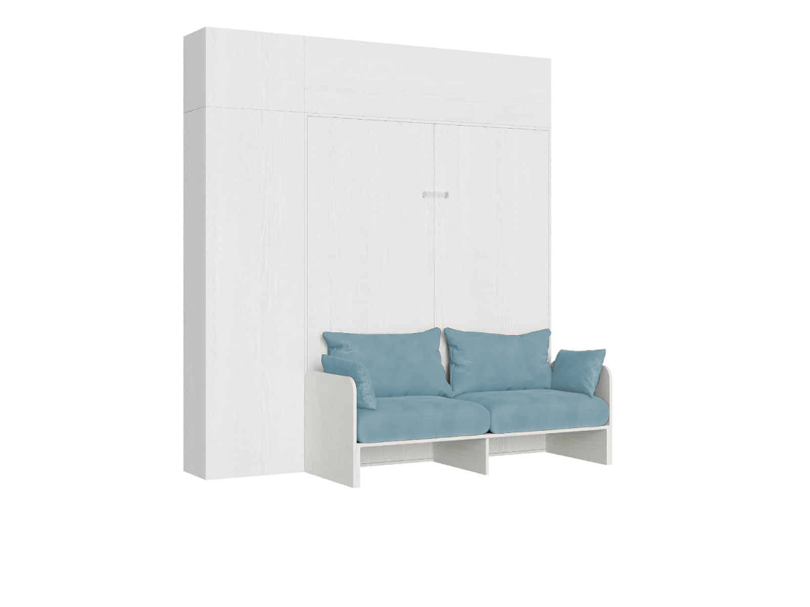 Cama Doble Plegable Kentaro De 160 Cm Con Sofá Y Muebles De Fresno Blanco, Azul Claro