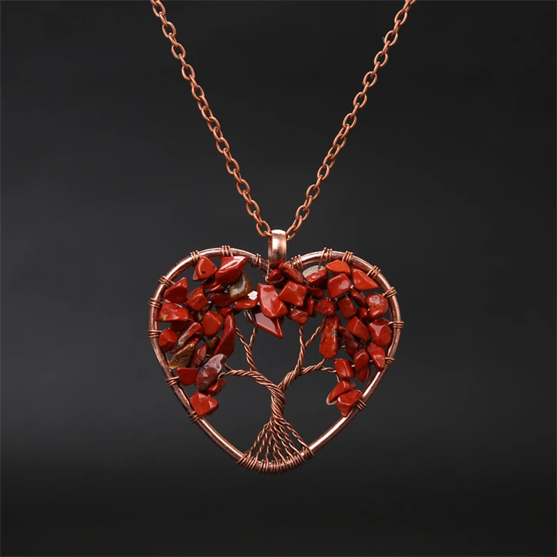 Collar Con Colgante De Corazón De Cristal Para La Sanación De Chakras (rojo Y Turquesa), Collar Con Colgante Del Árbol De La Vida.