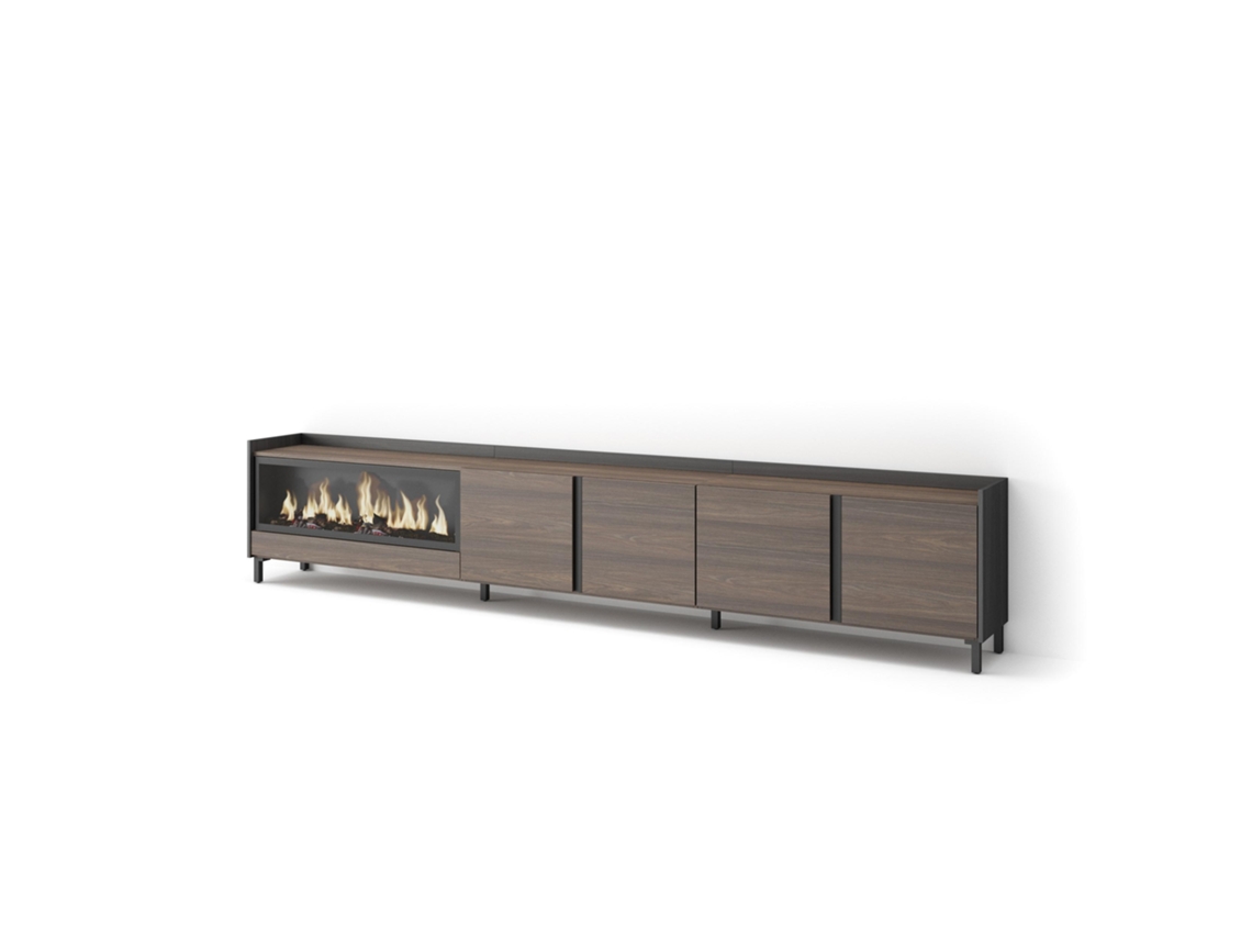 Mueble Tv, Televisión, 315x35x61cm, Para Tv Hasta 80", Chimenea Eléctrica Xxl, Diseño Industrial, Roble Oscuro Y Negro