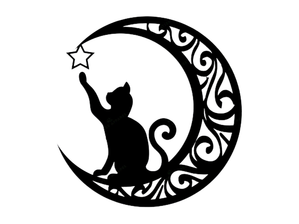 Bonita placa de metal con forma de luna y gato negro para decorar la pared