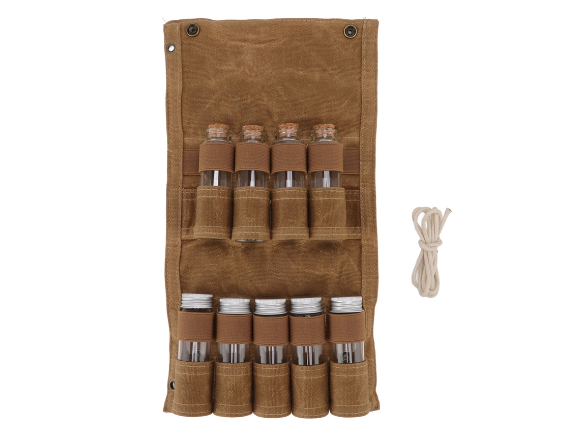 Bolsa de lona para condimentos con sello de cera, 9 botellas de vidrio para acampar