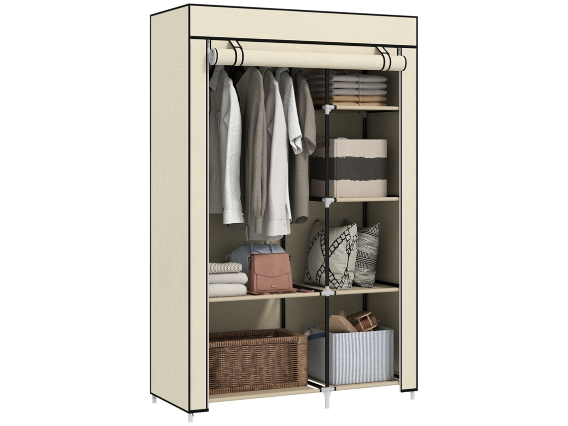 Guarda-roupa De Tecido Com Cabideiro E Prateleiras Abertas, 103x43x162,5cm, Creme