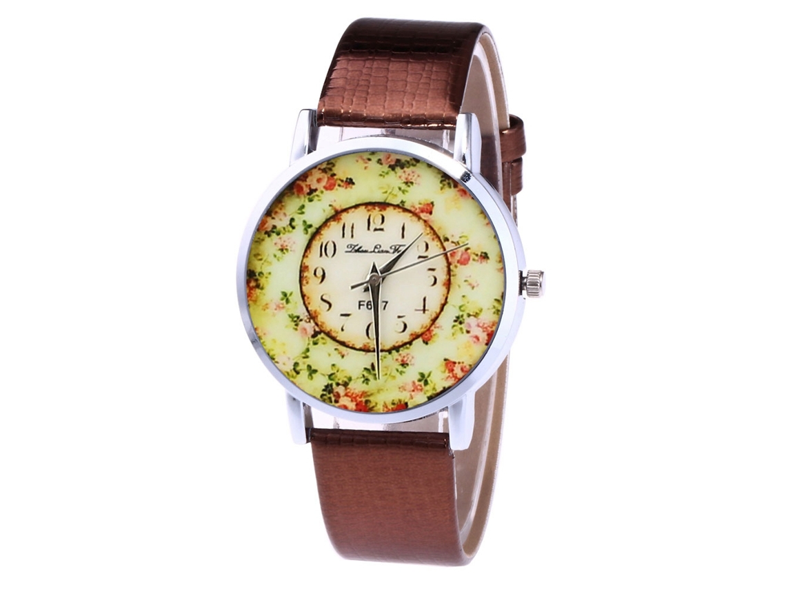 Reloj De Pareja Unisex Con Dial Floral Y Correa De Cuero Pu Café