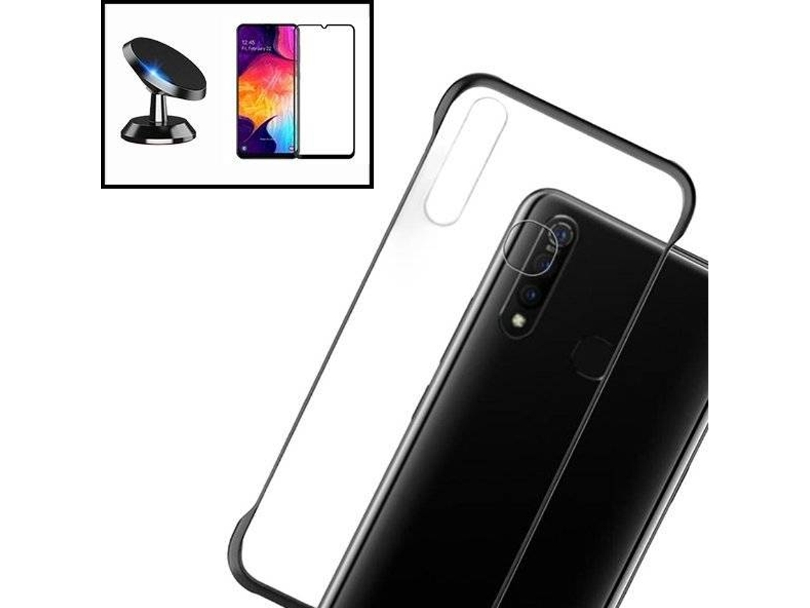 Kit Funda, Soporte Y Protector De Cristal Templado Para Huawei P Smart 2020, Invisible Bumper, Transparente Y Negro