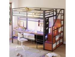 Cama Alta Metálica 140x200+90x200 - Escritorio, Led, Enchufes, Almacenaje Y Cajones - Negro