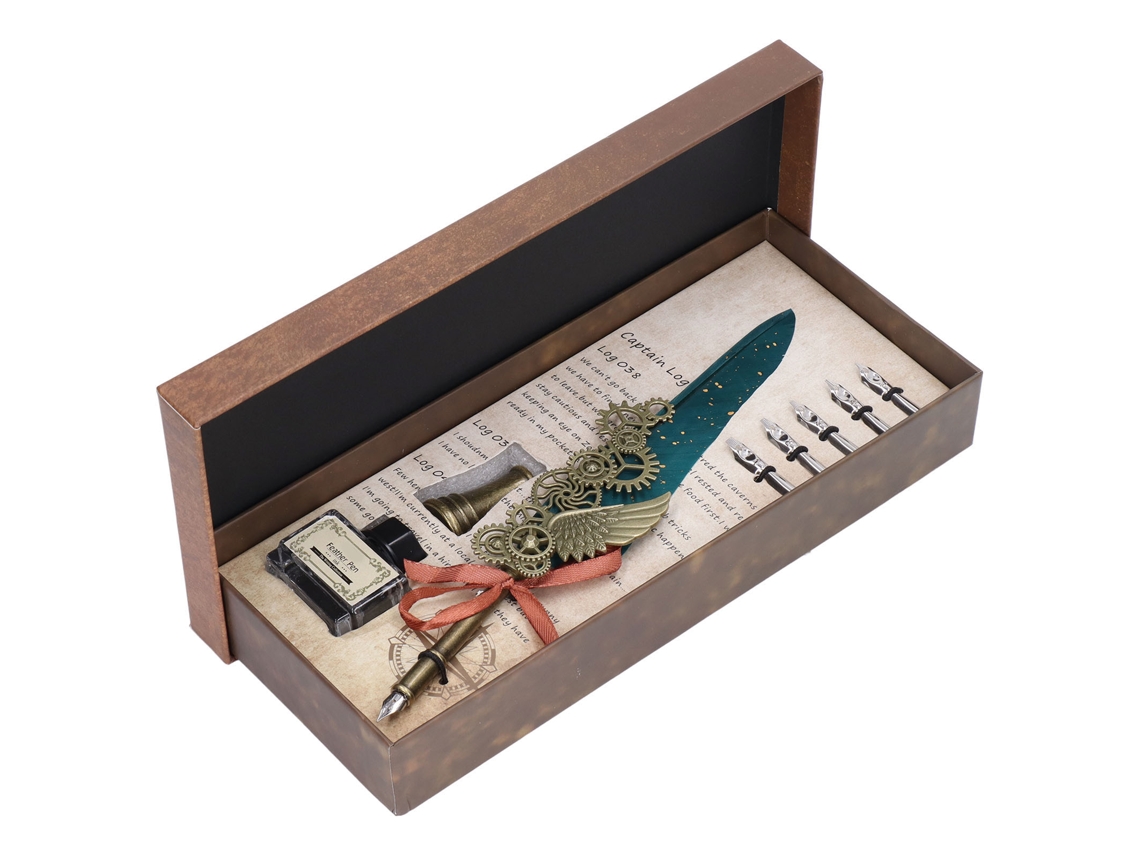 Estilo Retro Europeo Británico, Pluma De Avestruz, Acero Inoxidable Dorado Con Caja De Regalo Verde Oscuro.