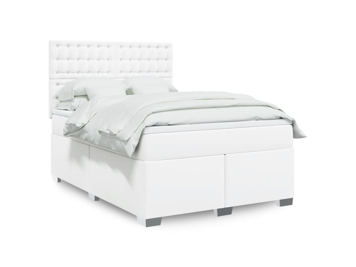 Cama Box Spring Con Colchón Cuero Sintético Blanco 140x190 Cm