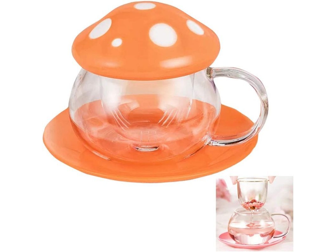 Taza De Té Champiñón Bonita De Vidrio Con Colador Y Plato Cerámico 290ml Naranja