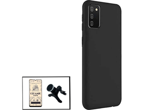 Kit Cristal Templado CeramicGlass Full Cover, Funda Silicona y Soporte Magnético de Coche Reforzado Samsung Galaxy F02s PHONECARE Negro