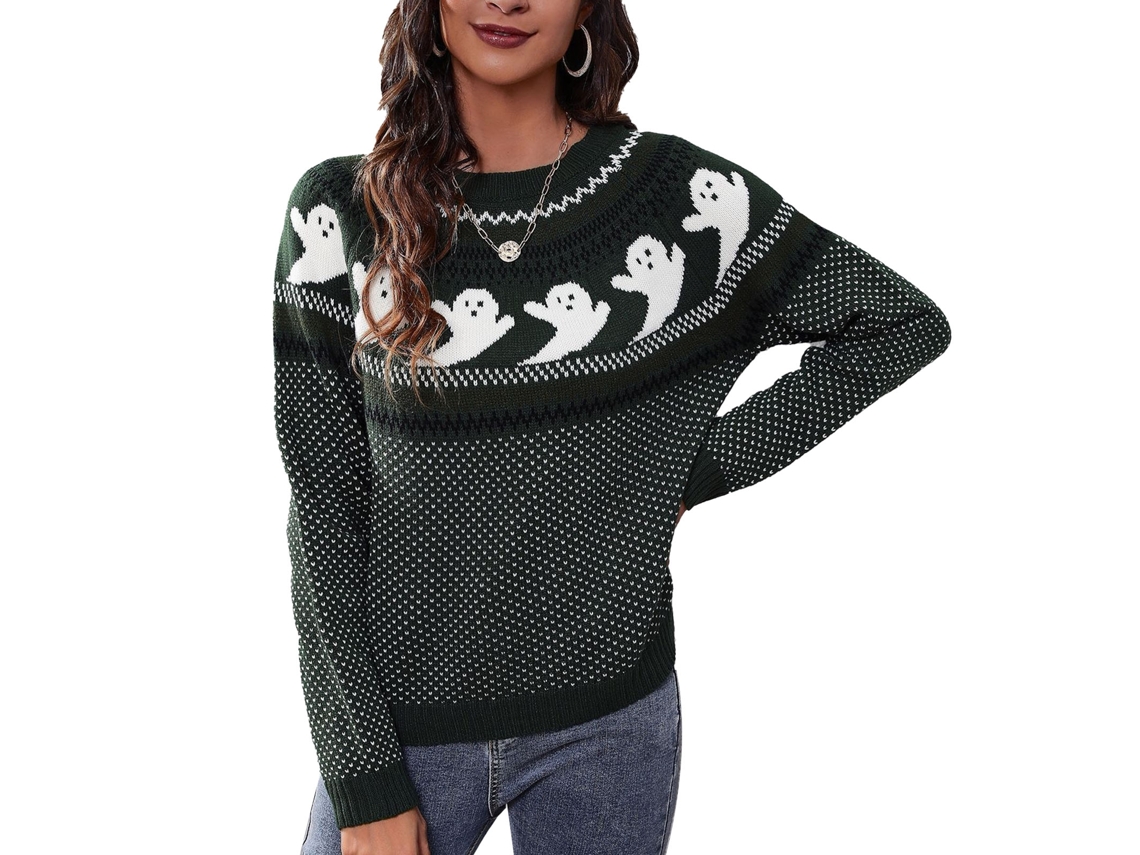 2026Altiro-Jersey Of Halloween Con Fantasma Polka Dot A Cuello Redondo De Manga Larga Tejido Para Mujer Verde Talla M