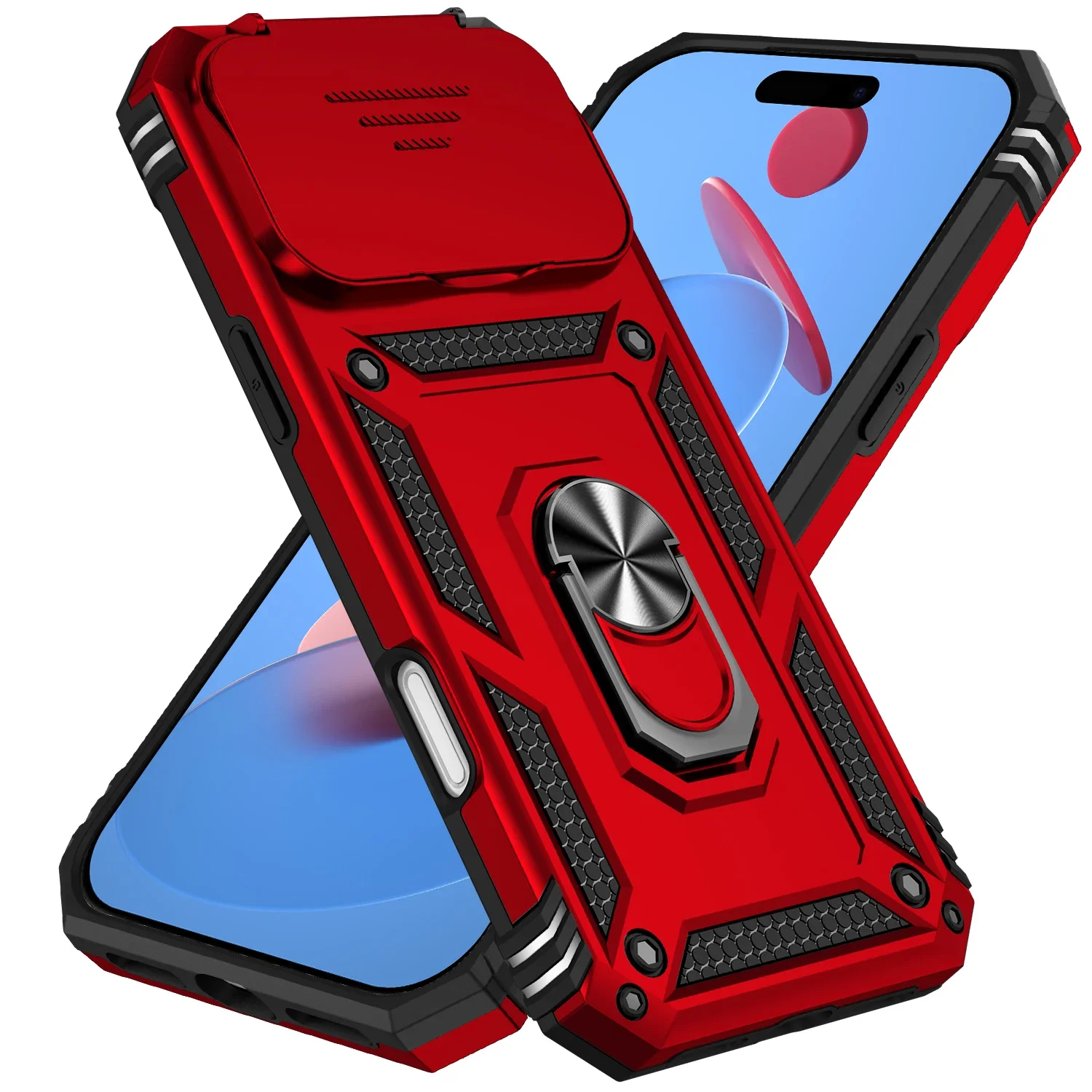 (rojo, Iphone 13) Funda Portátil Con Anillo Magnético De Pctpu Y Protector De Lente Deslizante