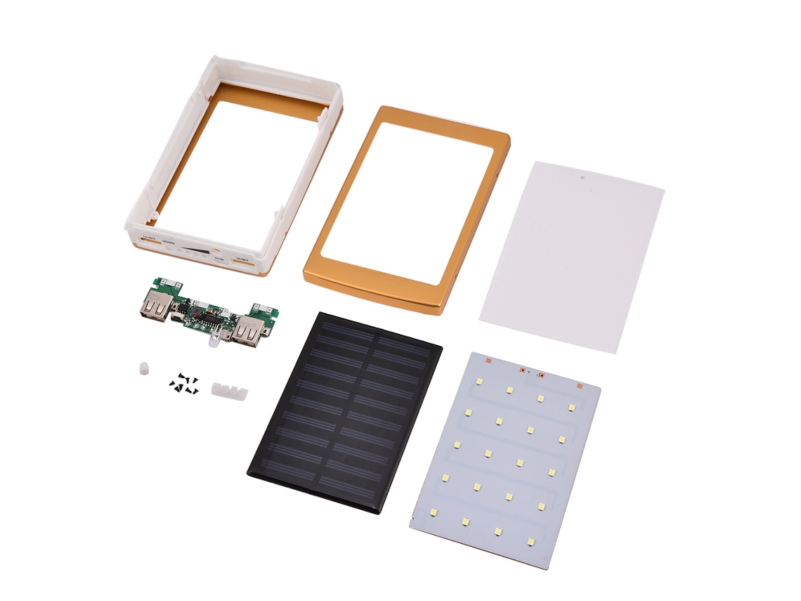 Batería externa solar EOOCOO Gold con tornillos y USB.