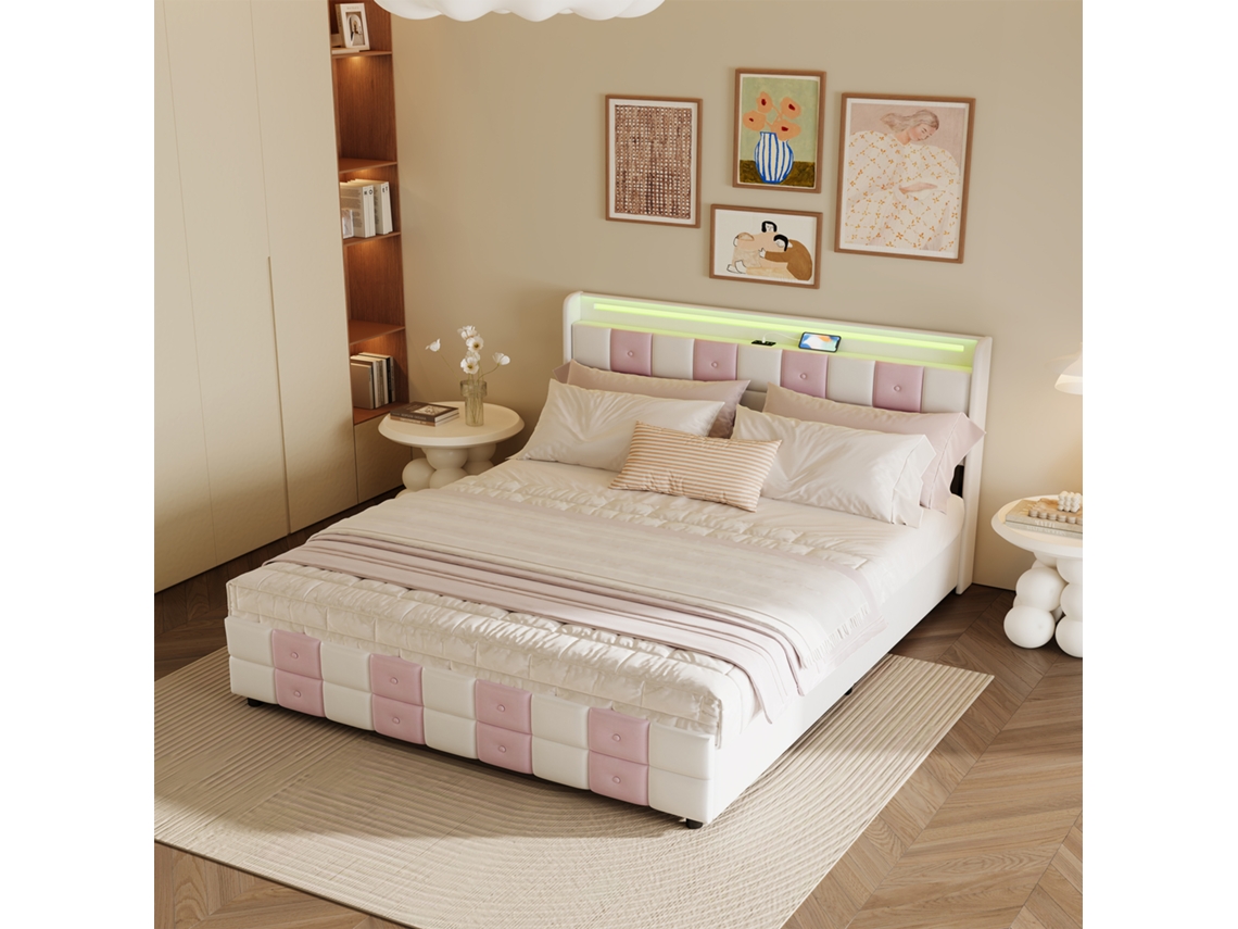 Cama Doble 160 X 200 Cm, Cama Tapizada Con Led, Función De Carga Usb Y 4 Cajones, Terciopelo Blanco Sin Colchón