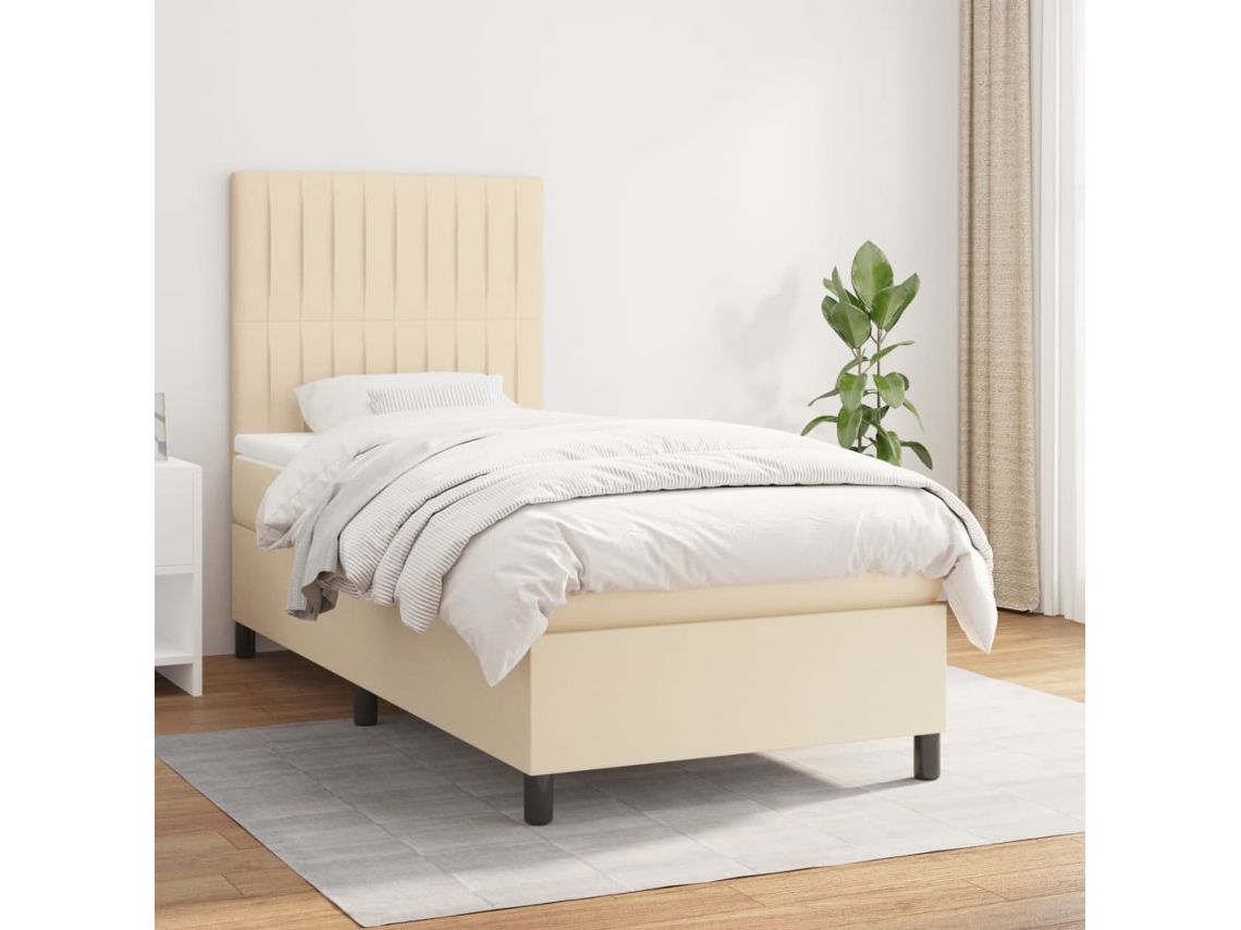 Cama Box Spring Con Colchón Tela Color Crema 90x190 Cm