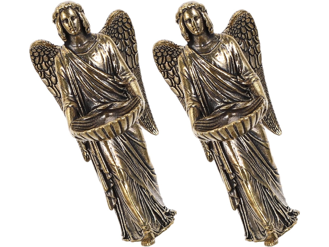 Juego 2 Figuras Ángeles Guardianes Latón Simétricas Esculturas Decorativas Oración Soporte Anillos Bandeja