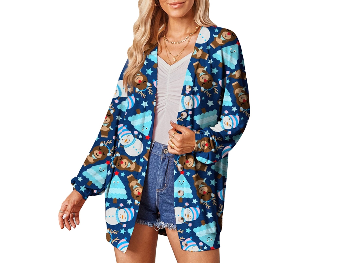 Rebe-chaqueta Cardigan De Mulher De Um Botão Com Estampa De Natal Manga Longa Casual Fashion Azul Céu Tamanho 3xl